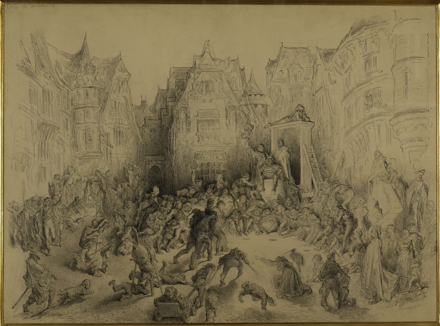 Ein gerahmtes Zeichnung eines belebten Stadtstraßenbildes mit Menschen, die stehen und sitzen und eine lebendige Atmosphäre schaffen, mit Gebäuden im Hintergrund.