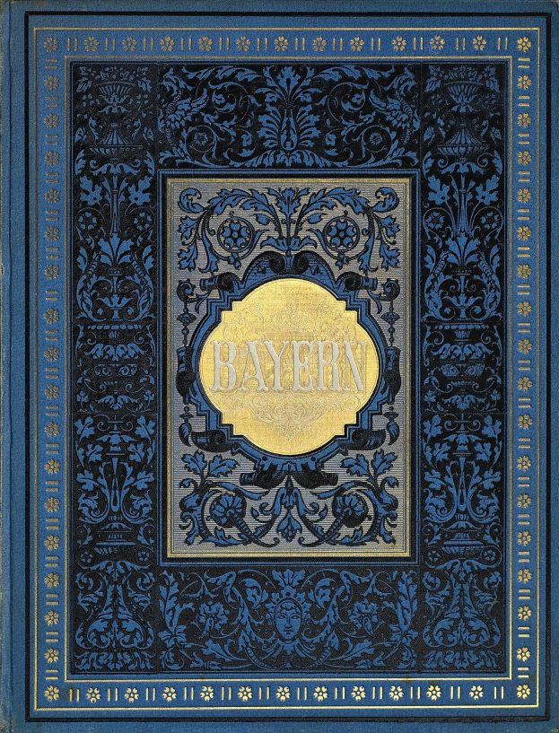 Ein blau-goldenes Buch mit dem Wort "Bayern" auf dem Cover, das mit detaillierten Designs versehen ist.