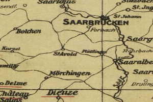 Alte Karte von Saarbrücken, Deutschland, mit detaillierten Straßen, Gebäuden und Sehenswürdigkeiten sowie Text in klassischer Schriftart.