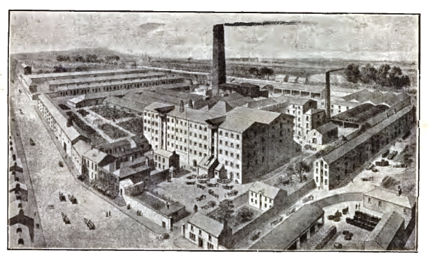 Schwarze und weiße Zeichnung eines Fabrikkomplexes mit zahlreichen Gebäuden, Bäumen und Fahrzeugen auf der Straße, beschriftet mit "New York Stock Exchange" unten.