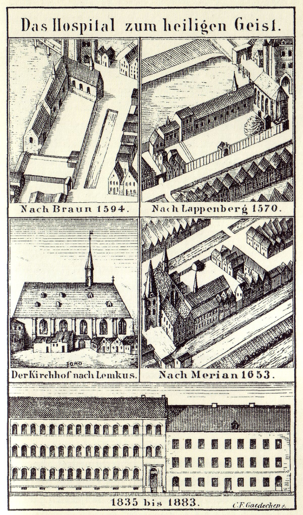 Detailierte Linienzeichnung eines deutschen Krankenhauskomplexes mit beschrifteten Gebäuden, Fenstern, Türen und Balkonen auf einem Plakat.