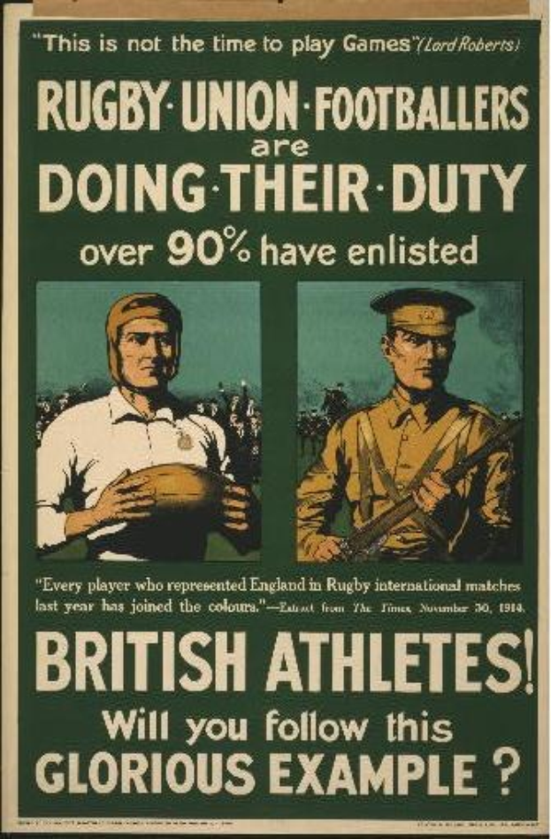 Britisches WWI-Rekrutierungsplakat mit zwei Rugby-Union-Fußballern in Militäruniform, mit Text zur Förderung der Athleteneinsatz.