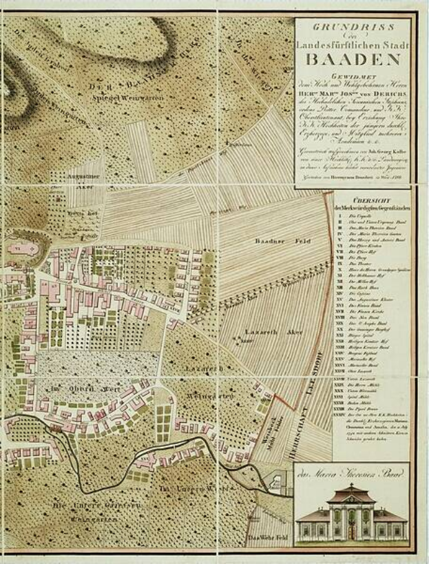 Ein detaillierter alter Stadtplan von Baden-Württemberg, Deutschland, der Straßen, Gebäude und Sehenswürdigkeiten zeigt, mit einem hervorgehobenen Gebäude in der rechten unteren Ecke und Text, der Stadtinformationen bereitstellt.