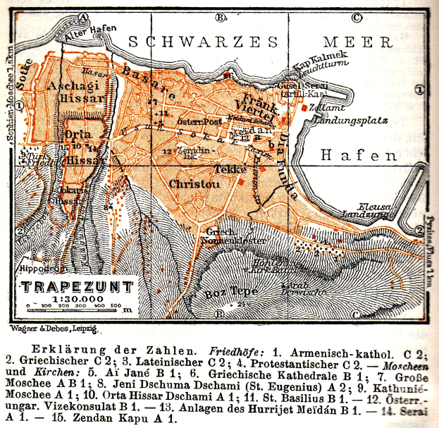 Ein detailliertes altes Stadtplan von Trapezunt, Deutschland, das Straßen, Gebäude, Sehenswürdigkeiten und begleitenden Text zeigt, der die Bevölkerung, Straßen und Sehenswürdigkeiten der Stadt beschreibt.