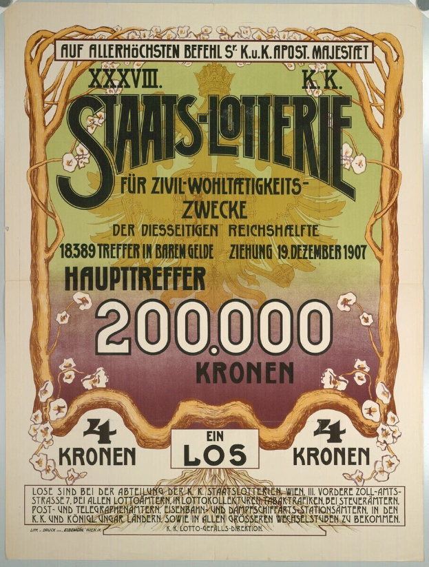 Plakat an einer Gebäudewand mit Text und Zahlen, wahrscheinlich eine Lotteriewerbung, mit einem Bild von Geld.