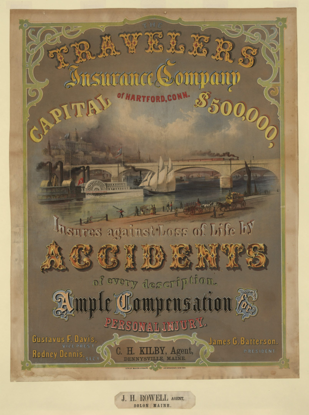 Werbeposter für die Traveler's Insurance Company of Hartford, Connecticut, mit Booten, einer Brücke und Gebäuden neben Text über Reiseversicherungsdienstleistungen.