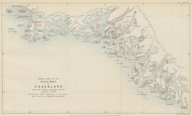 Eine detaillierte Karte des südwestlichen Grönlands auf Papier, die geographische Merkmale wie Flüsse, Berge und Städte zeigt, mit begleitendem Text, der zusätzliche Informationen über die Geographie, Bevölkerung und Städte der Region bietet.