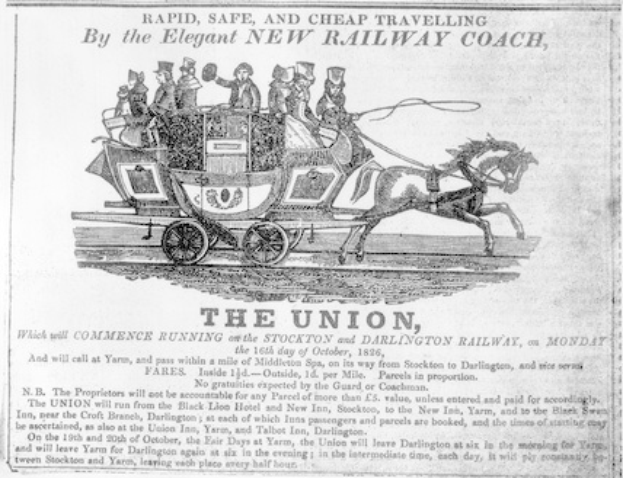 Schwarze und weiße Zeitungsanzeige der Gewerkschaft mit einer Kutsche und einer Gruppe von Menschen darin.