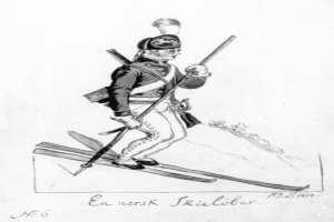 Eine Schwarz-Weiß-Zeichnung eines Mannes in Uniform, der eine Mütze trägt und ein Gewehr hält, während er auf Skiern steht, mit dem Text "1812-1812 nordische Ski" unten.