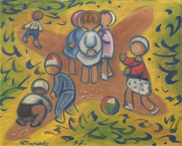 Malerei auf einer Tafel, die Kinder beim Spielen mit einem Ball in einem hellen, fröhlichen Feld mit spielerischen, dynamischen Posen zeigt.