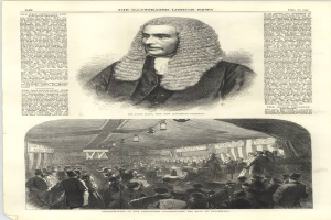 Ein altes Druckwerk eines Mannes in Barrister-Roben und Perücke, identifiziert als der Neue Generalstaatsanwalt, vor einer Menge.