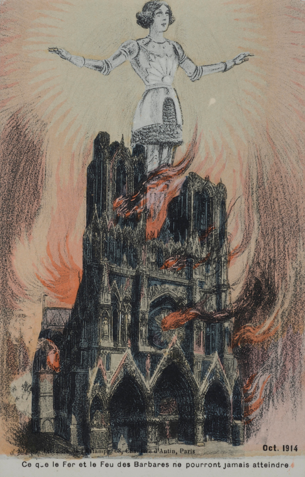 Eine Frau steht auf einem brennenden Gebäude mit Text am unteren Bildrand.