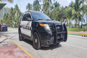 Ein Polizeiwagen am Straßenrand mit Menschen, Fahrrädern, Gras, Bäumen, Gebäuden und einem klaren blauen Himmel im Hintergrund.