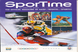Ein Magazin-Cover mit der Aufschrift "Sporttime Magazine - März 1996", das Bilder von Menschen beim Skifahren und Snowboarden zeigt, sowie Text und Logos.