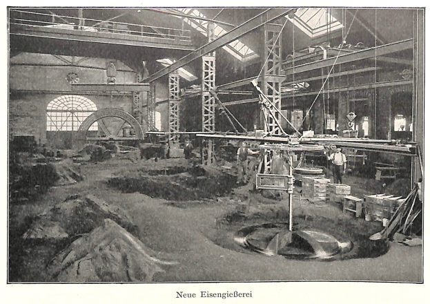 Ein altes Schwarz-Weiß-Foto einer Fabrik mit Menschen, die an einer Maschine arbeiten, umgeben von Metallstangen und Pfählen, mit Text unten: "Neue Eisenglebeerei, die erste Fabrik Deutschlands."