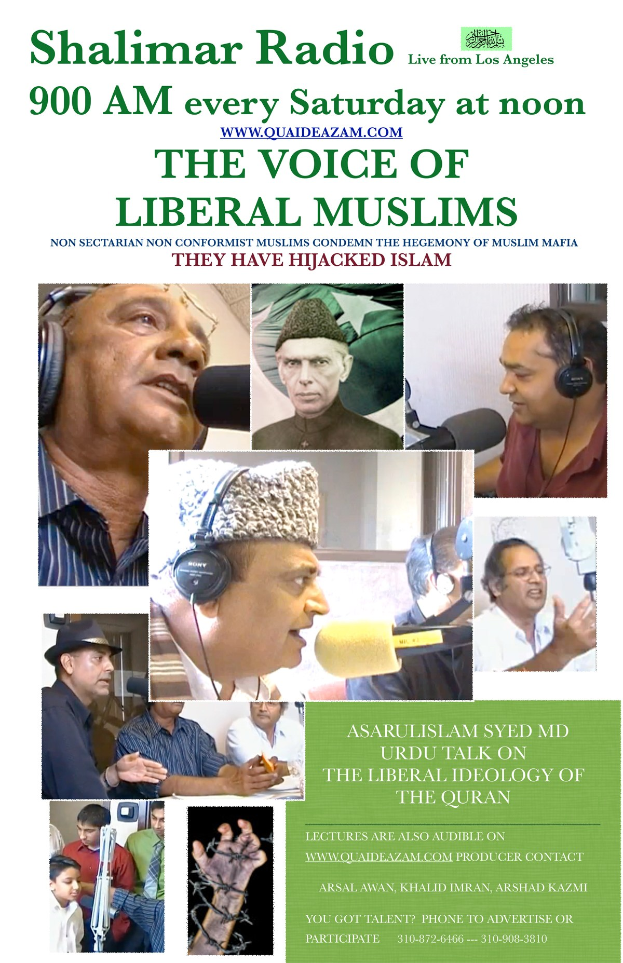 Plakat, das "Die Stimme der liberalen Muslime"-Radioshow ankündigt, mit Bildern von Menschen mit Kopfhörern und Mikrofonen in einem Gespräch.