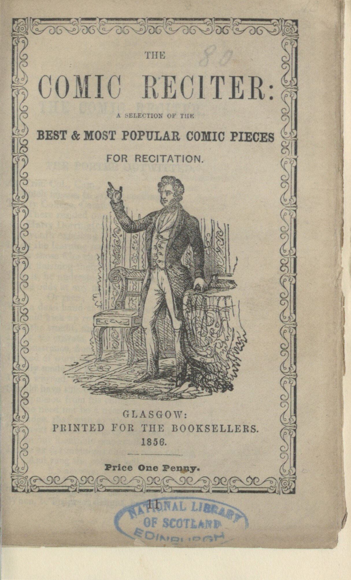 Altes Buch mit dem Titel "The Comic Reciter: A Selection of the Best and Most Popular Comic Pieces for Recitation" mit einer Illustration eines Mannes in einem Anzug, der auf einem Stuhl sitzt und einen ernsten Gesichtsausdruck hat.