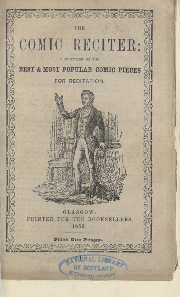 Altes Buch mit dem Titel "The Comic Reciter: A Selection of the Best and Most Popular Comic Pieces for Recitation" mit einer Illustration eines Mannes in einem Anzug, der auf einem Stuhl sitzt und einen ernsten Gesichtsausdruck hat.