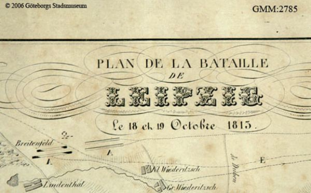 Ein detailliertes altes Schlachtfeld von Leipzig, das verschiedene Kämpfe zeigt und mit Text über Datum, Uhrzeit und Ort annotiert ist.