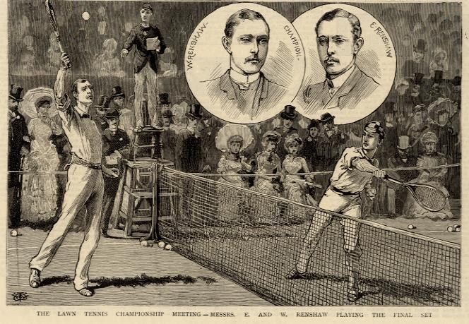 Schwarz-weiß-Zeichnung von zwei Männern beim Tennis im Finale, mit Zuschauern im Hintergrund und Text unten mit der Aufschrift "The Lawn Tennis Championship Meeting - Messers, E und W Renshaw spielen das Finale".