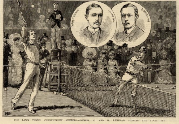 Schwarz-weiß-Zeichnung von zwei Männern beim Tennis im Finale, mit Zuschauern im Hintergrund und Text unten mit der Aufschrift "The Lawn Tennis Championship Meeting - Messers, E und W Renshaw spielen das Finale".