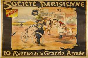 Plakat, das ein Fahrradrennen in Paris, Frankreich, ankündigt und eine Gruppe von Menschen zeigt, von denen einer ein Fahrrad hält, sowie ein Gebäude im Hintergrund und Text, der das Ereignis beschreibt.