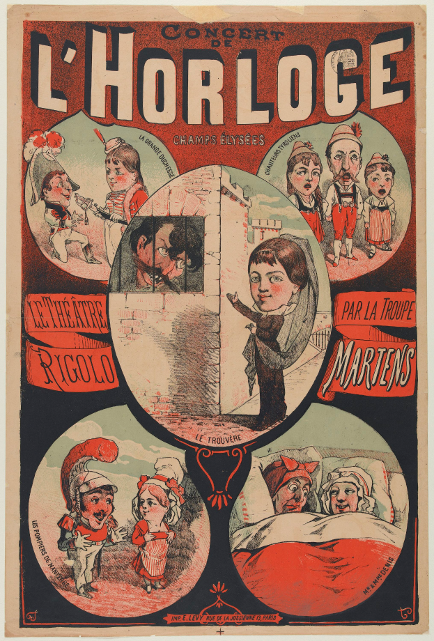 Ein Konzertplakat für das Chorloge Theater in Paris, das eine Gruppe von Menschen in farbenfrohen Kostümen zeigt, umgeben von Text, in einer lebendigen Atmosphäre.