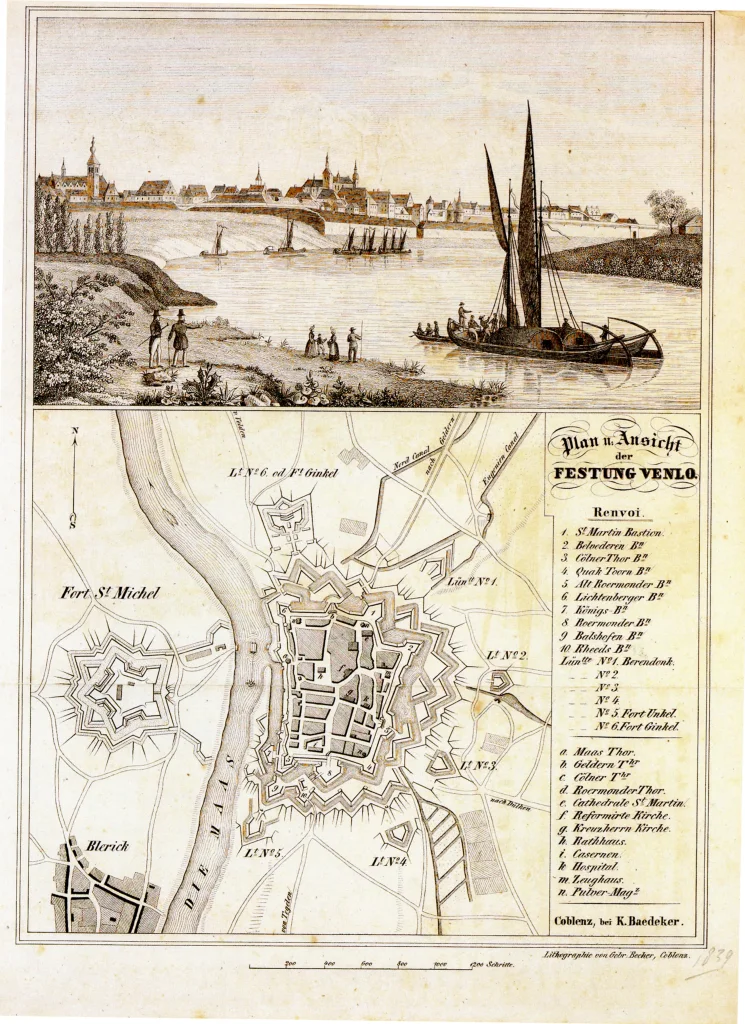 Ein altes Stadtplan von Hamburg, Deutschland, das ein Boot auf dem Wasser, Menschen, Bäume, Gebäude und einen Himmel im Hintergrund zeigt, zusammen mit begleitendem Text.