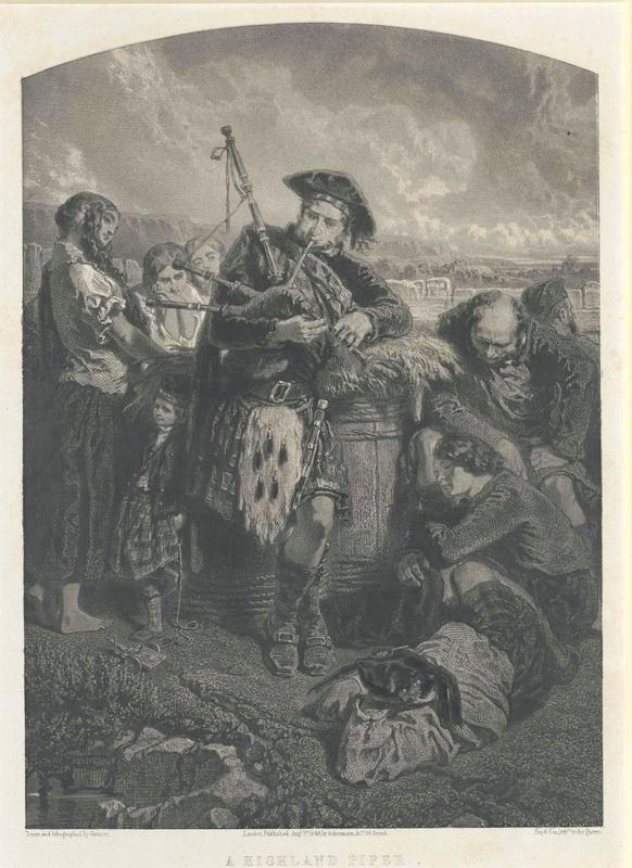 Schwarz-weißer Stich eines Mannes, der vor einer Gruppe von Menschen eine Dudelsackpfeife spielt, mit einem bewölkten Himmel und der Inschrift "Ein Highland-Pfeifer" unten.