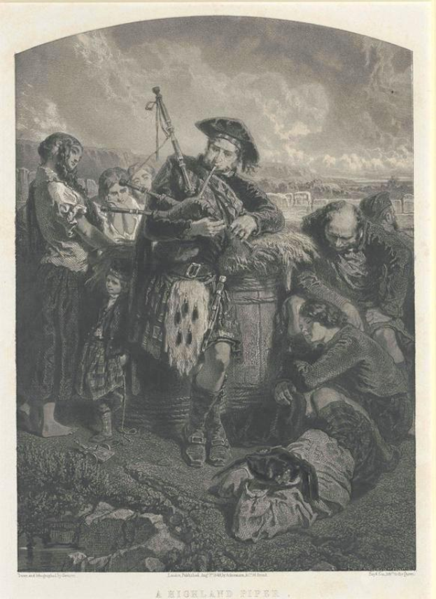 Schwarz-weißer Stich eines Mannes, der vor einer Gruppe von Menschen eine Dudelsackpfeife spielt, mit einem bewölkten Himmel und der Inschrift "Ein Highland-Pfeifer" unten.
