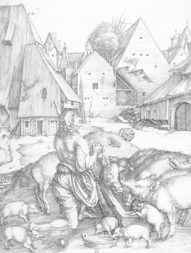 Ein schwarz-weißes Kupferstich von Albrecht Dürer aus dem 17. Jahrhundert, das einen Mann zeigt, der Schweine in einem Dorf füttert, mit Häusern, Bäumen und einem Wagen im Hintergrund.