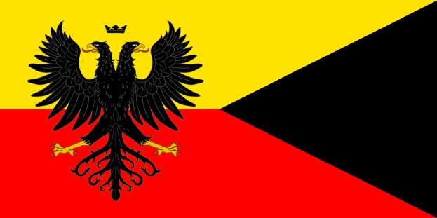 Deutsches Flagge mit einem schwarzen Doppeladler in der Mitte auf horizontalen Streifen von rot, gelb und weiß.