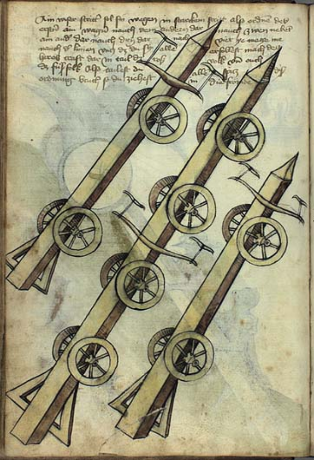Ein offenes Buch aus dem 15. Jahrhundert, das eine Zeichnung einer Kanone zeigt.