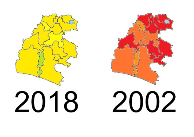 Karte von Deutschland, die die provinziellen Grenzen von 2002 in rot und 2018 in gelb hervorhebt, mit orangefarbener Überlappung auf einem weißen Hintergrund mit Text.