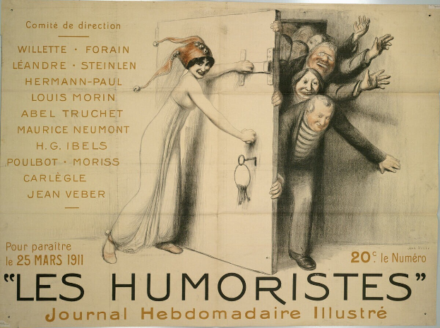 Ein Plakat an einer Gebäudewand mit einer Gruppe lachender, fröhlicher Menschen und der fetten Schrift 'Les Humoristes Journal Hebdomadaire Illustré' oben.