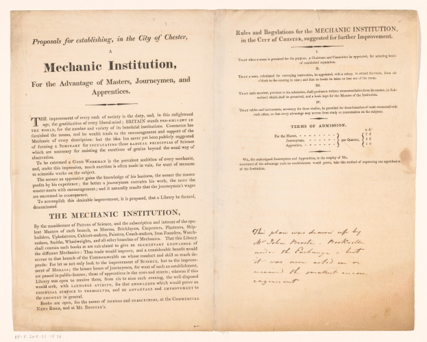 Offenes Buch mit dem Titel "Mechanic Institution, for the Advantage of Masters, Journeymen, and Apprenticeships", wahrscheinlich ein Vorschlag zur Einrichtung einer mechanischen Institution.