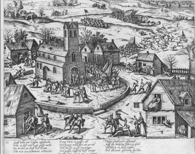 Eine Schwarz-Weiß-Zeichnung einer Dorfszene mit Menschen in Vordergrund, Häusern und Bäumen im Hintergrund und dem Text "Die Schlacht von Leipzig" unten.