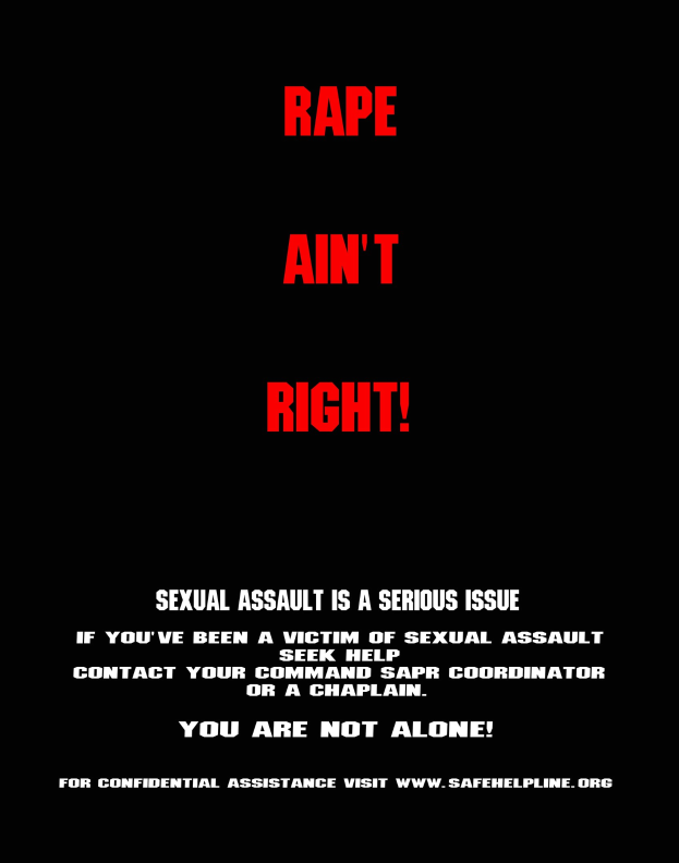 Plakat mit fetter schwarzer Schrift auf einem weißen Hintergrund, das "Rape Ain't Right: Sexual Assault is a Serious Issue" verkündet, eingerahmt von einem schwarzen Rand.