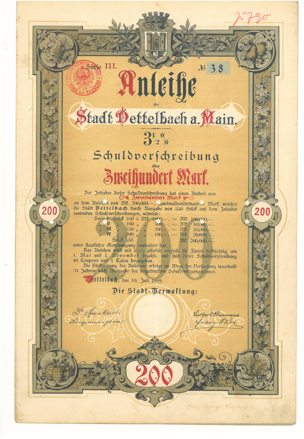 Ein altes deutsches Aktienzertifikat mit einem Porträt eines Mannes, bedruckt mit Text und numerischen Werten.