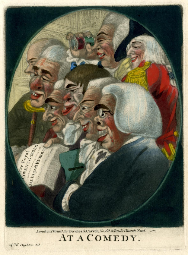 Eine Gruppe von Menschen, die in einem Kreis lacht und eine Person mit einem Blatt Papier in der Hand hält, mit dem Text "Bei einer Komödie" unten.