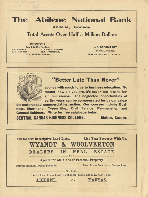 Schwarze und weiße Zeitungsanzeige für die Abilene National Bank mit einem zentralen Porträt und umgebenem Text über Bankdienste.