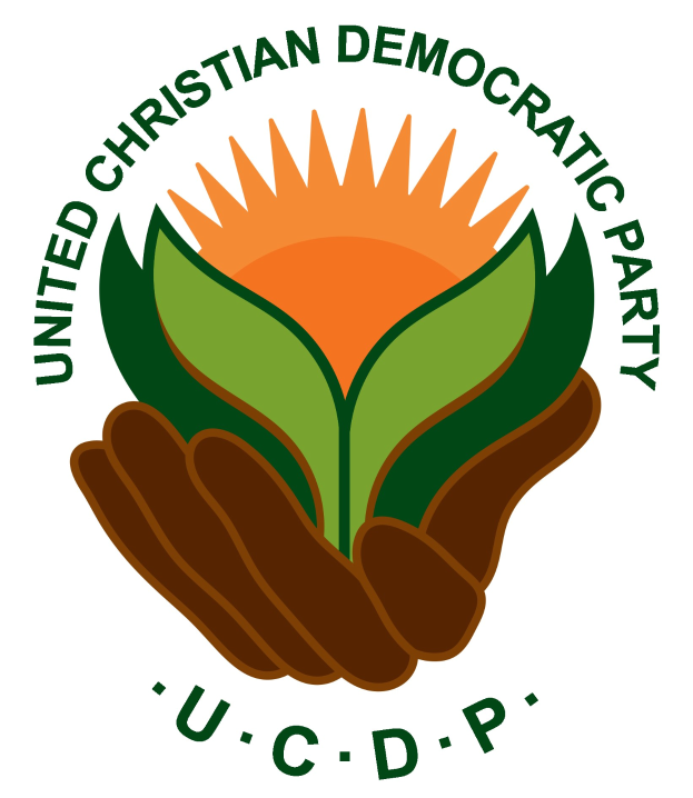 Logo der Vereinigte Christdemokratische Partei (UCDP): eine Hand, die eine hellgelbe Blume mit einem grünen Stiel und Blättern hält, zentriert innerhalb eines blauen und gelben Kreises auf einem weißen Hintergrund, mit der Schrift "UCDP" in fetter schwarzer Schrift darunter.