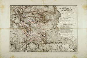 Ein detaillierter alter Stadtplan von Würzburg, Deutschland, der Straßen, Gebäude und Sehenswürdigkeiten zeigt, mit Text, der zusätzliche Stadtinformationen liefert.
