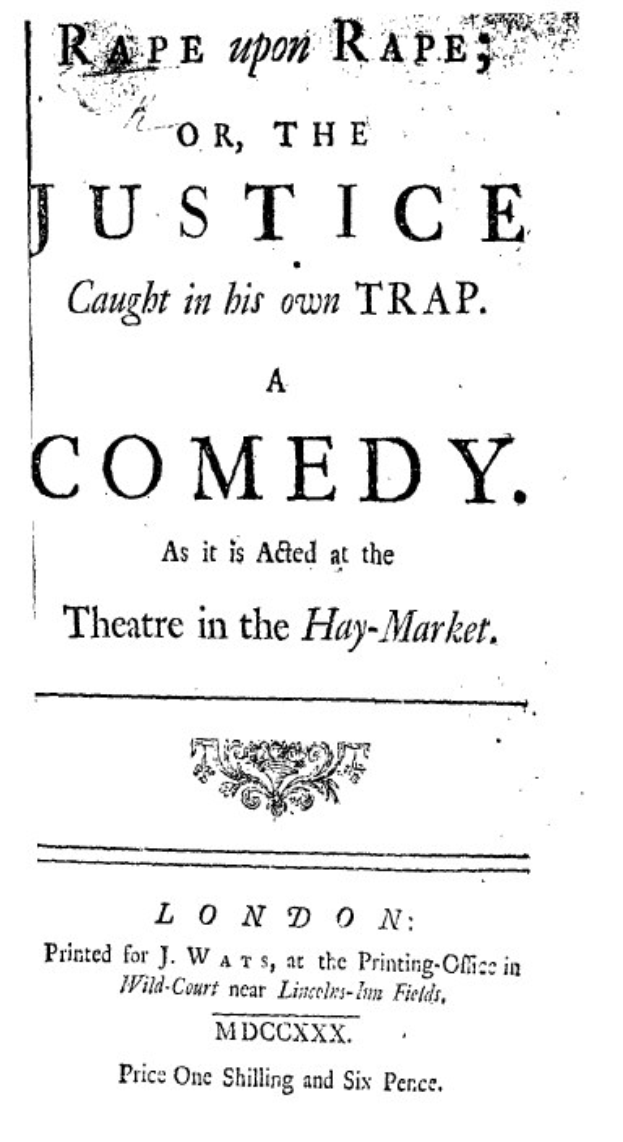 Schwarzes und weißes Plakat, das eine Comedy-Show mit dem Titel 'Vergewaltigung auf Vergewaltigung oder der in seiner eigenen Falle gefangene Gerechte' ankündigt.