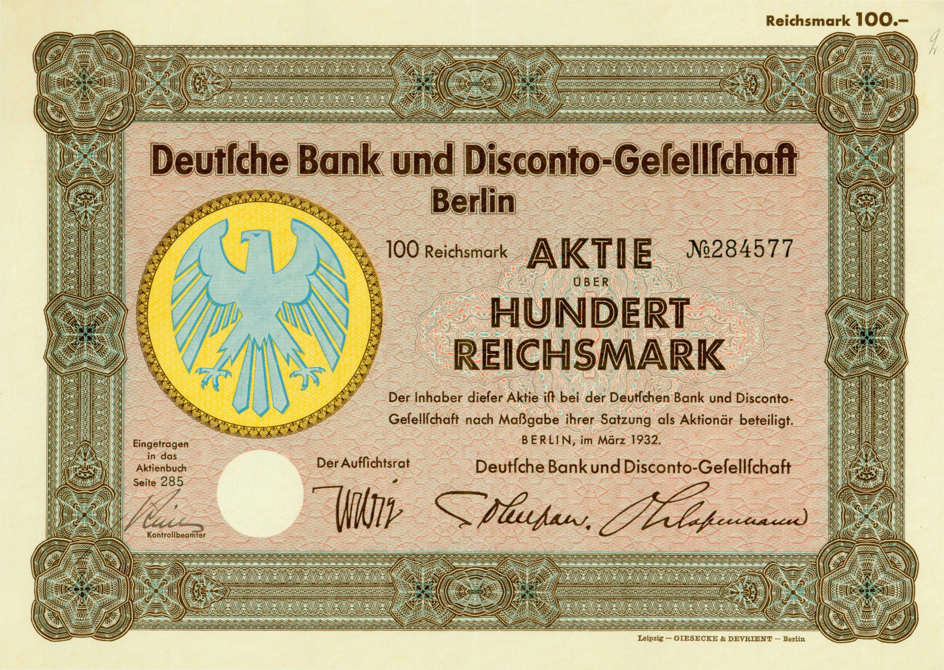 Alte deutsche Banknote mit einer Vogeldarstellung und dem Text "Deutsche Bank und Disconto-Gesellschafft Berlin".