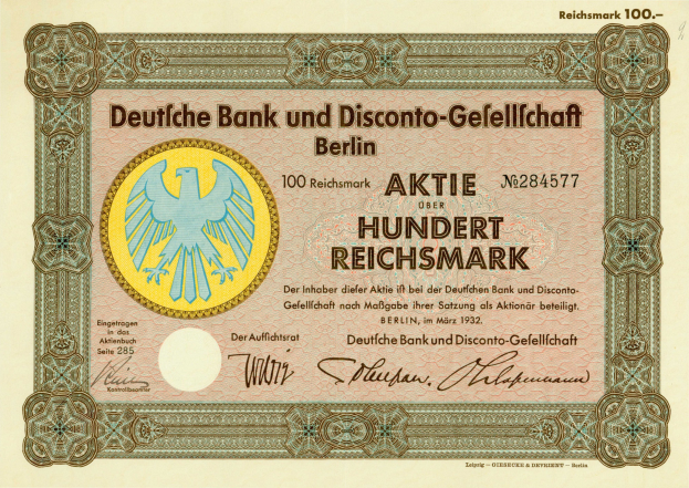 Alte deutsche Banknote mit einer Vogeldarstellung und dem Text "Deutsche Bank und Disconto-Gesellschafft Berlin".