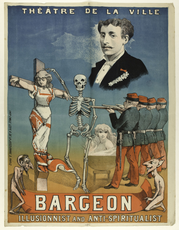 Ein Plakat für das Théâtre de la Ville in Paris, Frankreich, das eine Gruppe verzweifelter Menschen, einen zentralen Skelett mit ausgebreiteten Armen und eine große Schrift zeigt, die "Bargeon Illusionist und Anti-Spiritualist" lautet.
