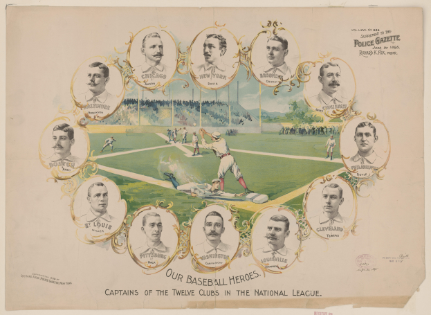 Ein Plakat mit einer Gruppe von Baseball-Spielern auf einem Feld, umgeben von einer Menge, Bäumen und einem klaren blauen Himmel, mit der Aufschrift "Unsere Baseball-Helden, Kapitäne der zwölf Clubs in der National League".