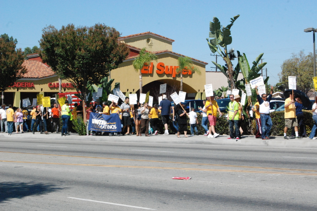 Eine Gruppe von Menschen mit Schildern und Bäumen, Büschen, einer Fahne, einem Gebäude mit Namensschildern, Autos und aktuellen Umfragen im Hintergrund.