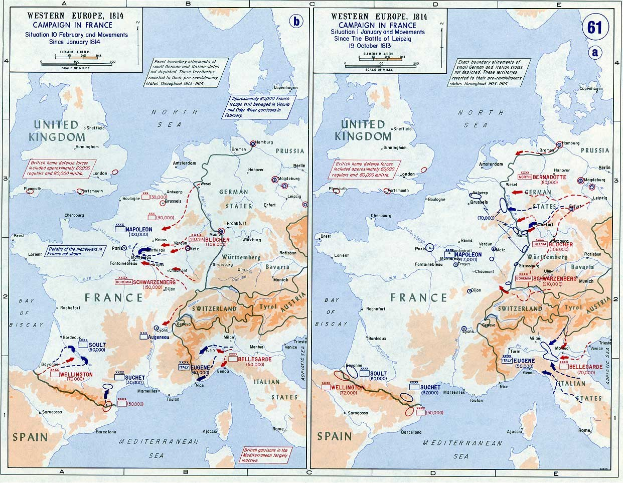 Eine historische Posterkarte von Europa während der Schlacht von Leipzig, unterteilt in Abschnitte für Europa und Frankreich, mit Text und Zahlen, die Konflikt-details und geografische Regionen angeben.
